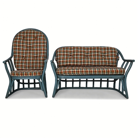 Vintage Bamboo-Style Bentwood Chair & Bench Set w/ Bicentennial Cushions