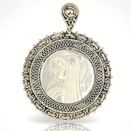 Vintage Jerusalem Sterling Silver & Mother of Pearl Madonna Pendant