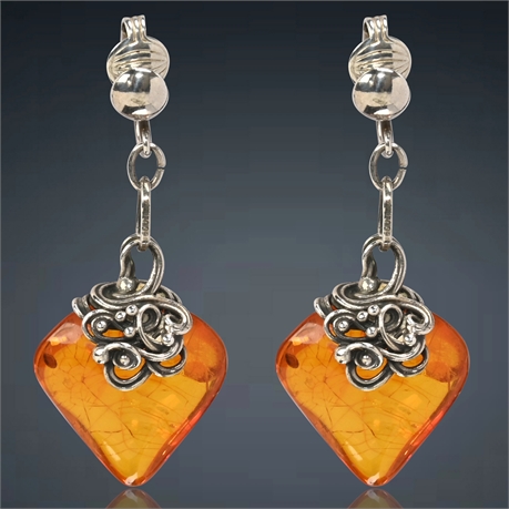 Baltic Amber & Sterling Heart Earrings