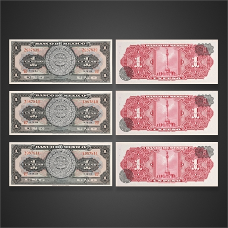 Consecutive Set of 3 Mexico Banknotes 1954 Series EU