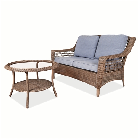 Hampton Bay Spring Haven Wicker Bench & Round Coffee Table, Blue Cushions