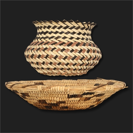 Native American Papago Basket & Import Olla Jar — 2-Piece Lot, Coiled & Plaited