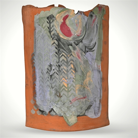 Hand-Painted Abstract Ceramic Vessel, Signed Jan ’90 – Cardinal & Moon Motifs