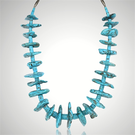 Vintage Navajo Bisbee Turquoise Necklace — Sterling Bench Beads, 26"
