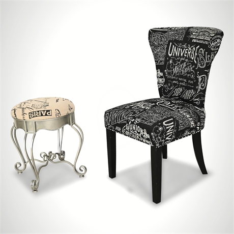 Chalkboard Typography Parsons Side Chair & French Script Vanity Stool