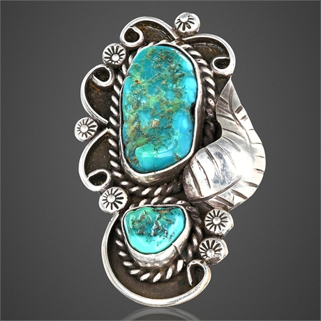 Glenn & Irene Sandoval Navajo Sterling Silver Ring w/ 2 Turquoise Stones, Size 6