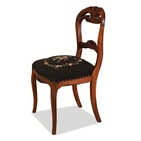 Victorian Carved Mahogany Balloon-Back Side Chair with Needlepoint Seat