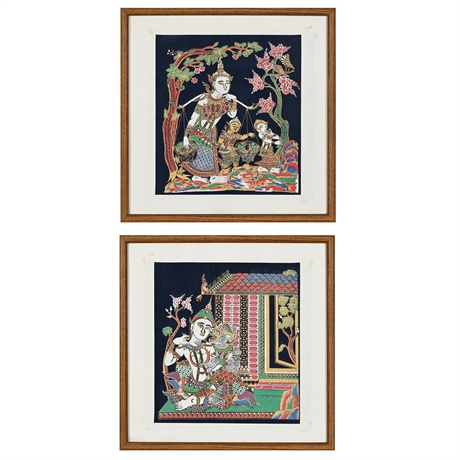 Pair Thai Myanmar Chada Mongkut Queen Royal Framed Silks