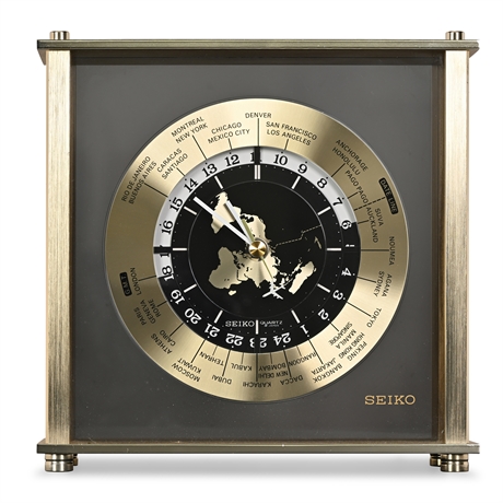 Seiko QQZ885A World Time Desk Clock — Airplane Second Hand, Brass, 1980s Japan