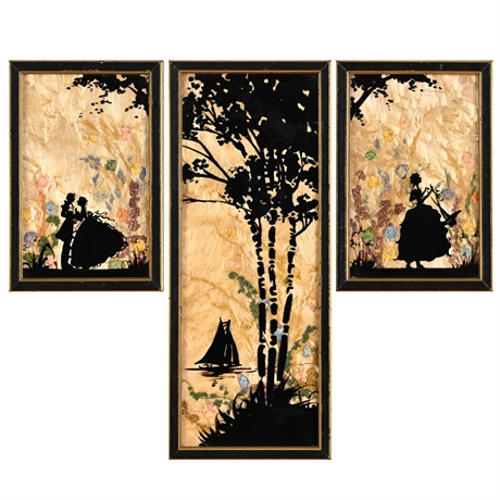 Triptych of Reverse-Painted Silhouettes with Dried Botanicals, Hand-Painted