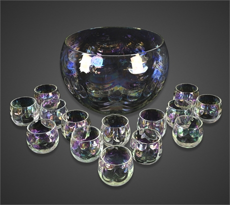 Mid-Century West Virginia Glass Iridescent Drape Punch Bowl & 14 Roly Poly Cups