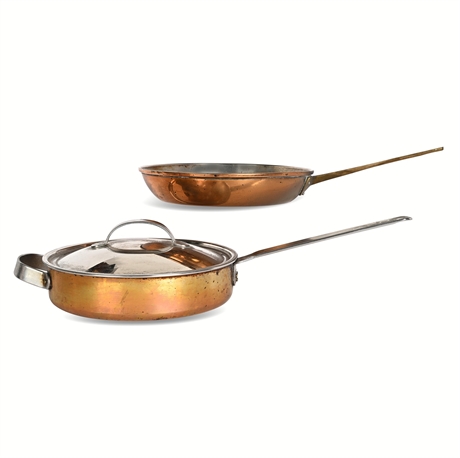 Norwegian Tinned Copper Sauté Pan & Frypan, Mid-Century Kitchen Pair