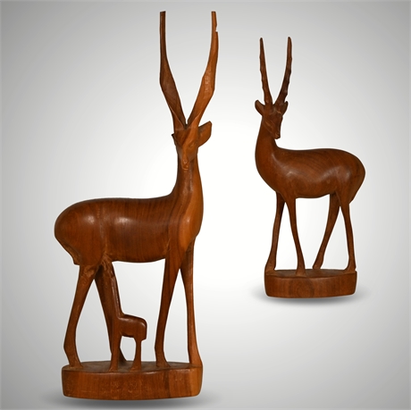 Pair Mid-Century Carved Antelope