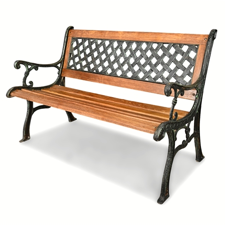 Vintage Oak & Cast Iron Garden Bench — Heavy Lattice Back, 32.5" Tall