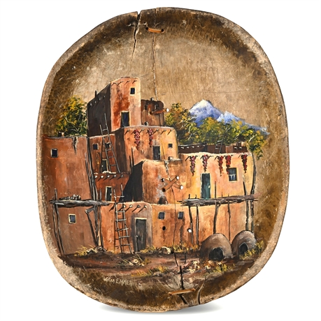 Lisa Emmett Painted Tarahumara Dough Bowl — Pueblo Scene, Signed