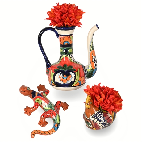 Mexican Talavera Pottery Lot - Teapot, Lizard, and Hen Vase