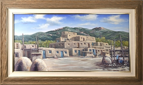 Tico Mascareñas Oil Painting — Taos Pueblo, Signed, Framed, with Documentation