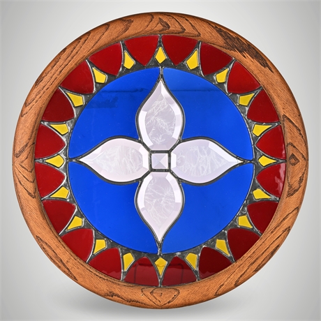 Round Leaded Glass Art Panel – Oak Frame, Multicolor Floral Motif