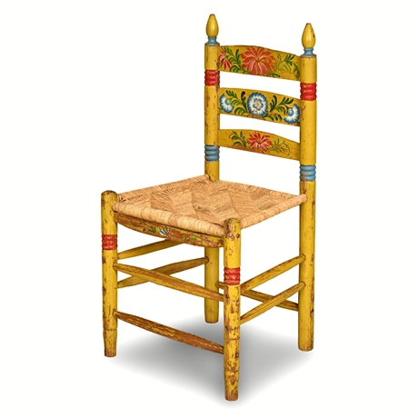 Mexican Folk Art Ladder-Back Chair — Hand-Painted Floral, Rush Seat ​​​​​​​