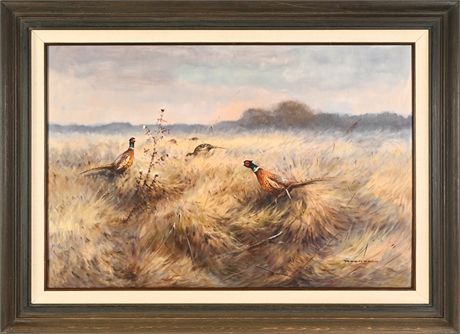 Walter Rohrbach —  Pheasants & Woodcock in Field, Oil on Canvas