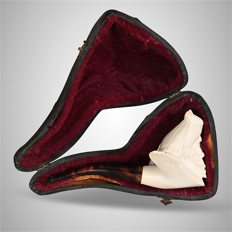 Antique Carved Meerschaum Figural Pipe, Turbaned Pasha, Cased