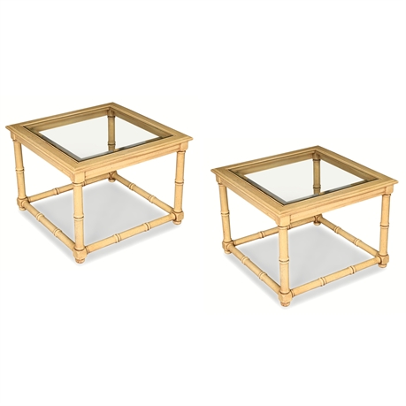 Pair Vintage Faux Bamboo Side Tables – Beveled Glass