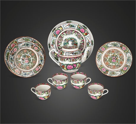 9-Piece Rose Medallion Porcelain Tea Set — Hand Painted