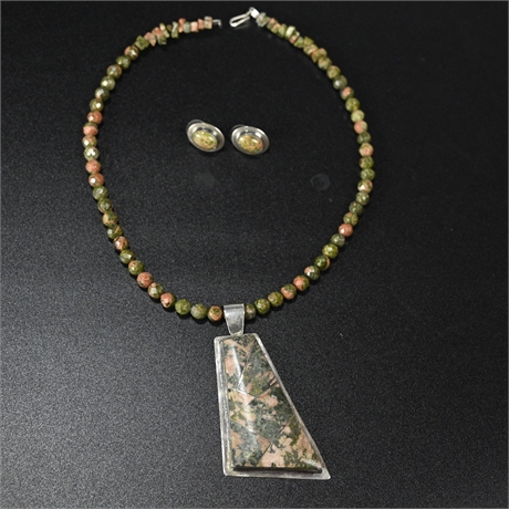 Unakite and Sterling Silver Earring and Necklace Set