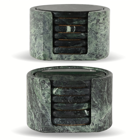 Set of Polished Green Marble Coasters with Holders