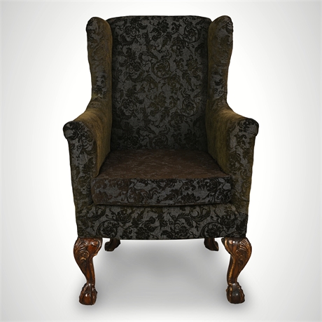 Antique Georgian Mahogany Wingback Armchair, Carved Ball & Claw Feet, 19th C.