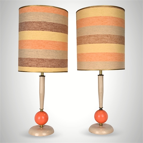 Pair Mid-Century Modern Table Lamps — Coral Sphere Accents, Striped Shades