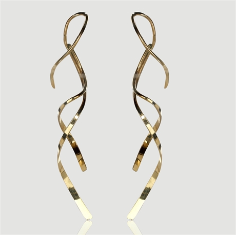 14K Gold Modernist Spiral Dangle Earrings, 1.8"