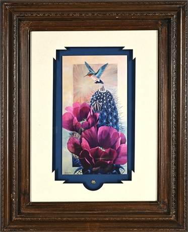 Kathy Morrow “Pretty in Pink” Giclée – Hummingbird & Cactus, Signed, Framed