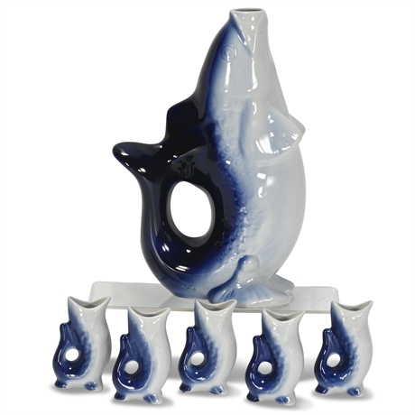 Koi Fish Porcelain Pitcher and Stopper with Five Cups
