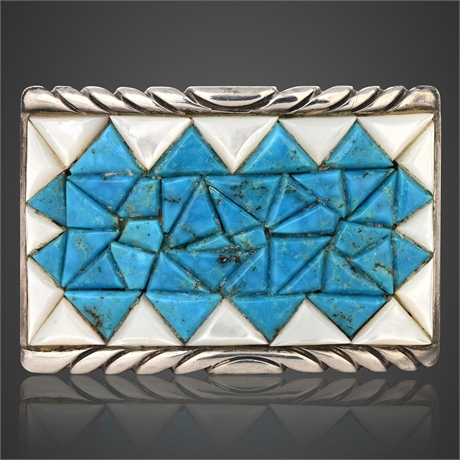 Vintage Navajo Sterling Kingman Turquoise + MOP Cobblestone Inlay Buckle