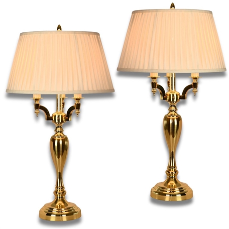 Mid-Century Modern Four Arm Candelabra Styled Brass Table Lamps - a Pair