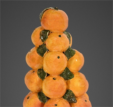 Spanish Majolica Orange & Leaf Pyramid Topiary Centerpiece, Hand-Sculpted