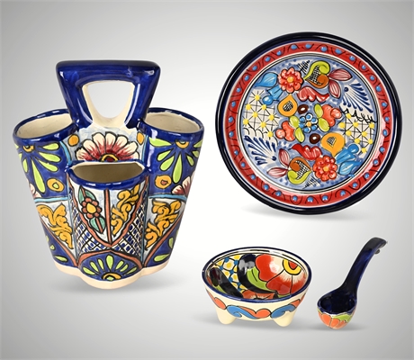 Talavera Mexican Pottery Décor Set – Signed, Hand Painted, 4 Pieces