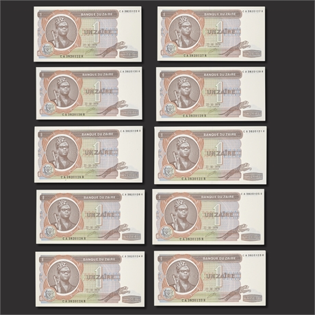 1979 Zaire 1 Zaïre Banknotes – Banque du Zaïre, Lot of 10 Uncirculated