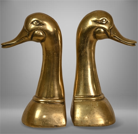 Polished Solid Brass Mallard Duck Head Bookends Sarreid Style 1950's a Pair