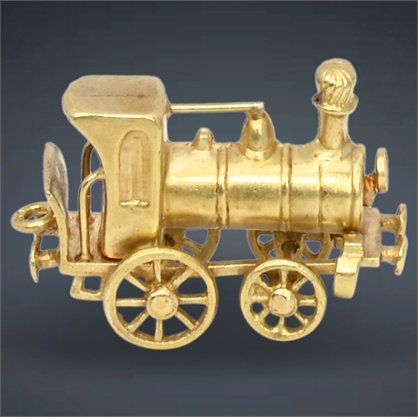 Locomotive Train Engine Vintage moving Charm 14K Gold three-Dimensional