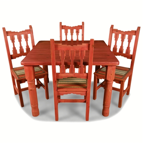 Rustic Solid Wood Dining Table Set — 5-Piece with Carved Chairs