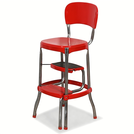 Mid-Century Cosco Stylaire Red Metal Fold Out Step Stool Chair Chrome Legs