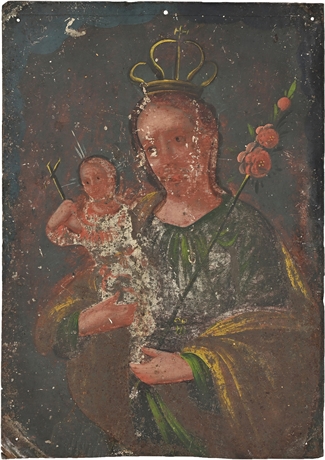 19th-Century Mexican Retablo — Virgin & Child, Oil on Tin