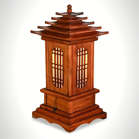 Wood Pagoda Table Lamp — 5-Tier Roof, Glass & Rice Paper Panels, Pull Switch​​​​