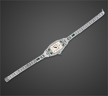 1930s Bulova Art Deco Platinum Ladies Watch – Emeralds, Diamonds, Maxim Bracelet