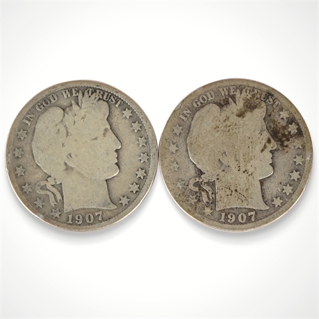 (2) 1907 Barber Half Dollars – 90% Silver