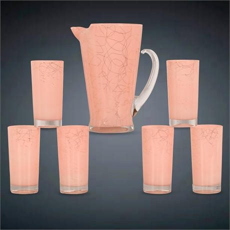 Mid Century West Virginia Glass Pink Pitcher And Glass Set Retro MCM