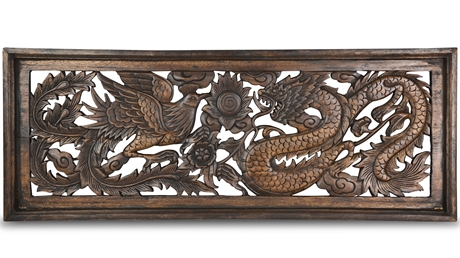 Chinese Hand Carved Dragon & Phoenix Panel