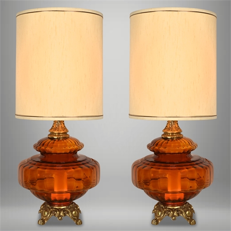 Vintage Hollywood Regency Amber Glass Table Lamps – Pair